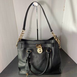 Michael Kors Hamilton Large EW Satchel Black Saffiano Leather Gold Lock
